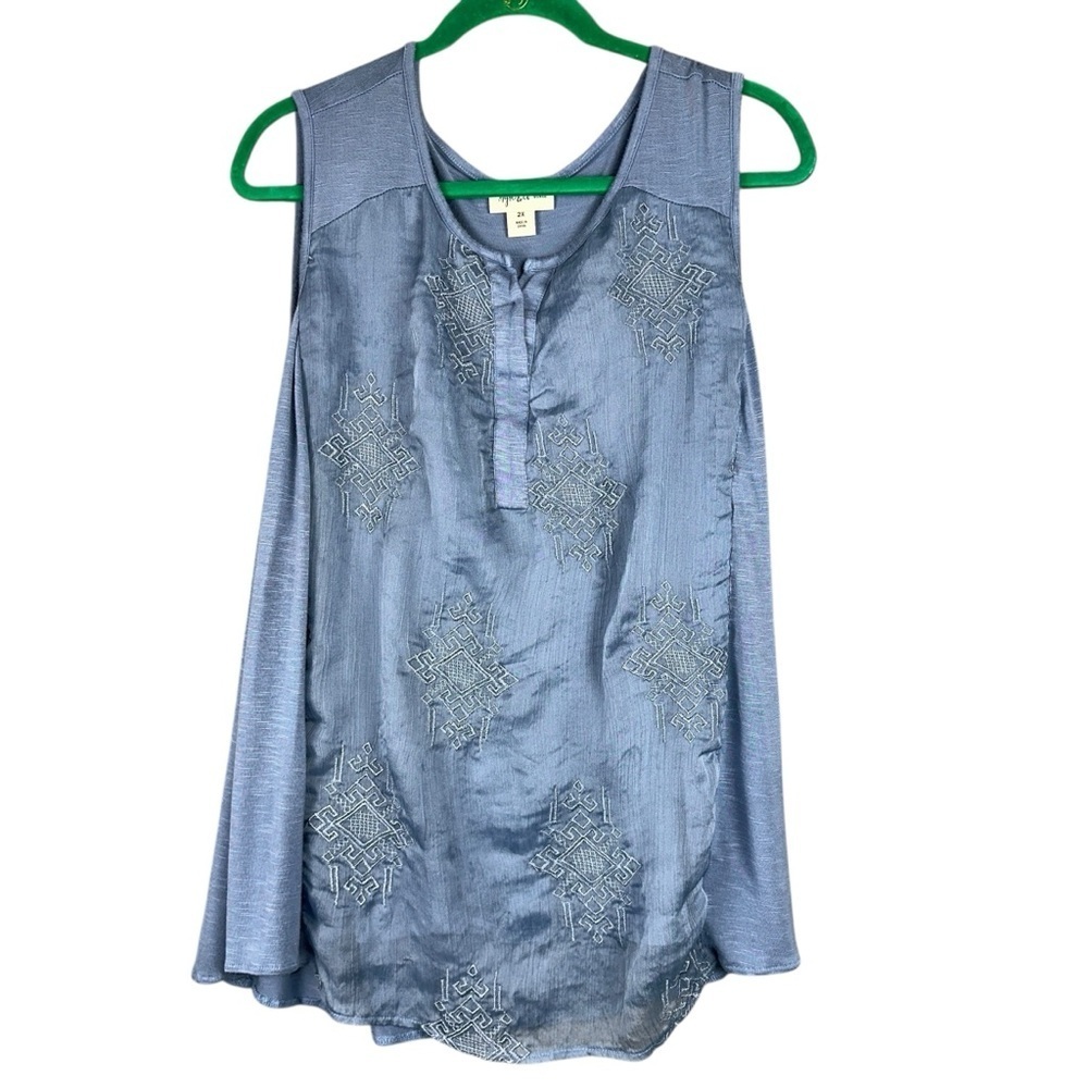Style and Co Top Womens Blue 2X Sleeveless Embroidered Rayon Blouse